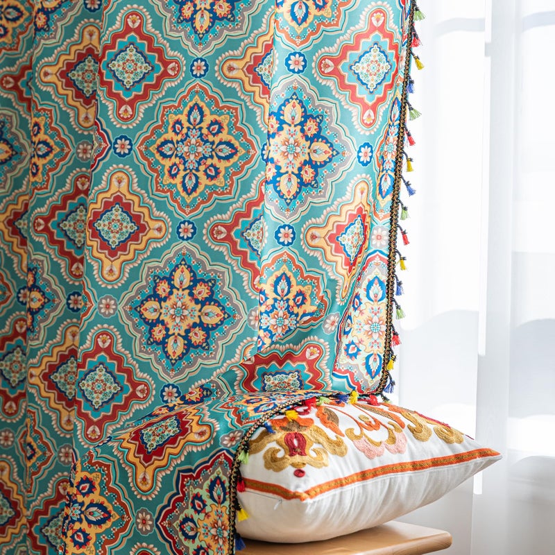 Erbnaryx Boho Curtains Geometric Light Filtering Semi-Blackout Window Curtains 84 Inches Long Rod Pocket Drapes for Living Room 2 Panels-Geometric Blue - Image 3
