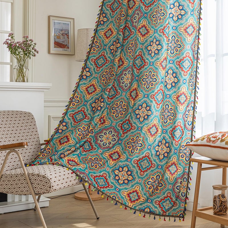 Erbnaryx Boho Curtains Geometric Light Filtering Semi-Blackout Window Curtains 84 Inches Long Rod Pocket Drapes for Living Room 2 Panels-Geometric Blue - Image 1