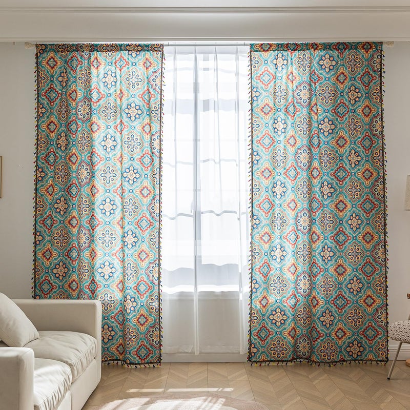 Erbnaryx Boho Curtains Geometric Light Filtering Semi-Blackout Window Curtains 84 Inches Long Rod Pocket Drapes for Living Room 2 Panels-Geometric Blue - Image 2