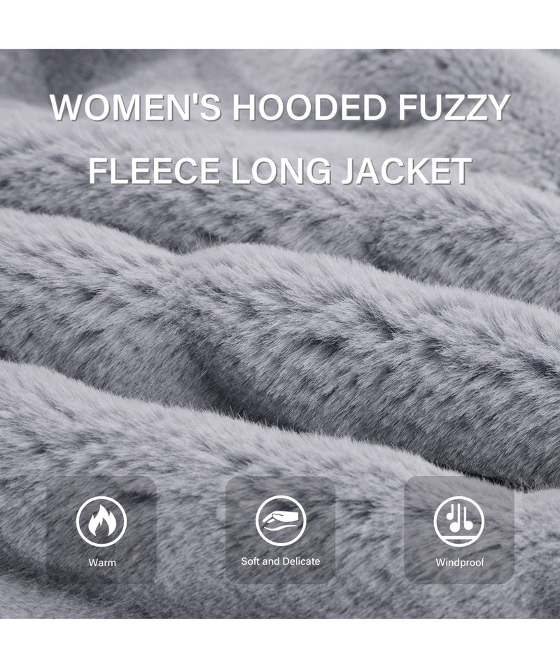 RISISSIDA Women Long Faux Fur Coat Fuzzy Jacket with Hood Fleece Winter Fall Thermal Shearling Warm Fluffy Furry Overcoat Grey 120757 X-L - Image 4