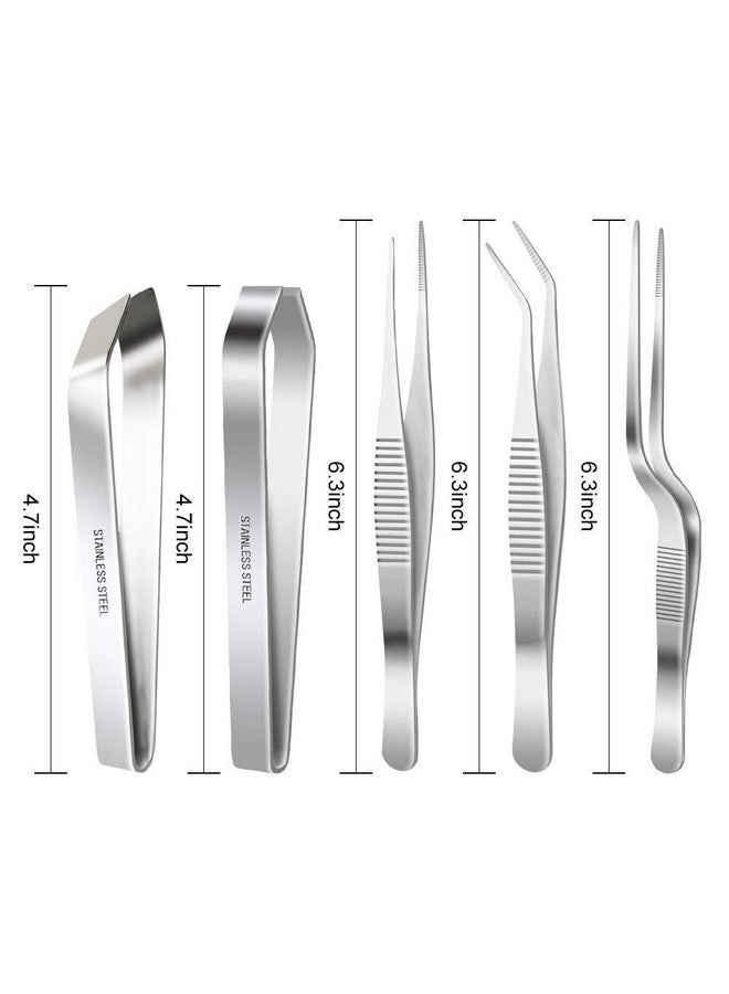 NJ مجموعة ملاقط وملاقط من الفولاذ المقاوم للصدأ - 3 قطع 6.3 بوصة، 4.7 بوصة ملاقط عظام السمك المسطحة والمائلة لأدوات الطهي للطهاة: مجموعة 5 قطع - Image 2