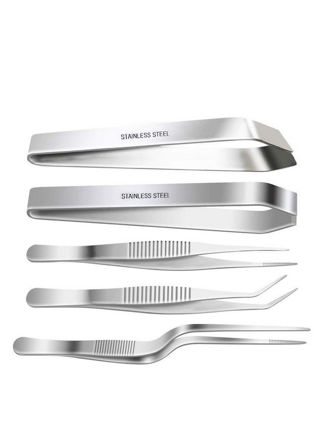 NJ مجموعة ملاقط وملاقط من الفولاذ المقاوم للصدأ - 3 قطع 6.3 بوصة، 4.7 بوصة ملاقط عظام السمك المسطحة والمائلة لأدوات الطهي للطهاة: مجموعة 5 قطع - Image 1