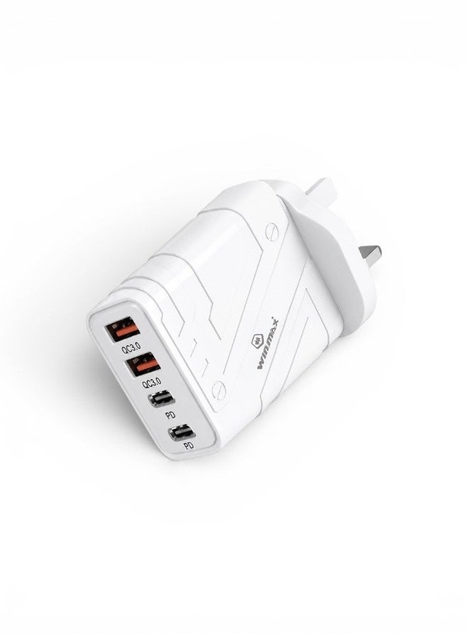 A charger with USB and USB-C ports, compatible with iPhone 17, 16, 15, 14, iPad, and Samsung, with 4 ports, 120W power, fast charging, and multiple protections.