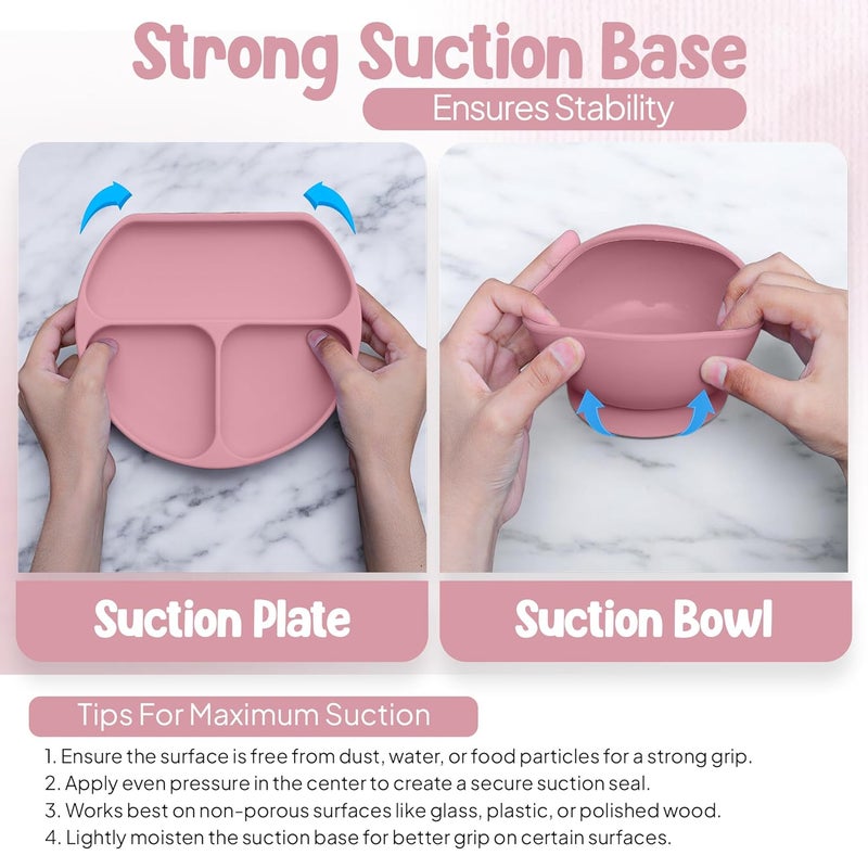 O'doe 17-Piece BPA-Free Silicone Baby Feeding Set | Thick & Soft Suction Plates, Baby Food Bowl, Wooden Fork & Spoon, and More | Make Mealtime Fun and Easy for Your Little One | Rose Pink V2 - Image 3