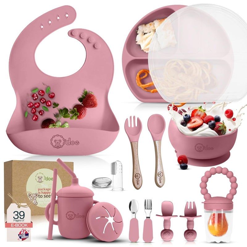 O'doe 17-Piece BPA-Free Silicone Baby Feeding Set | Thick & Soft Suction Plates, Baby Food Bowl, Wooden Fork & Spoon, and More | Make Mealtime Fun and Easy for Your Little One | Rose Pink V2 - Image 1
