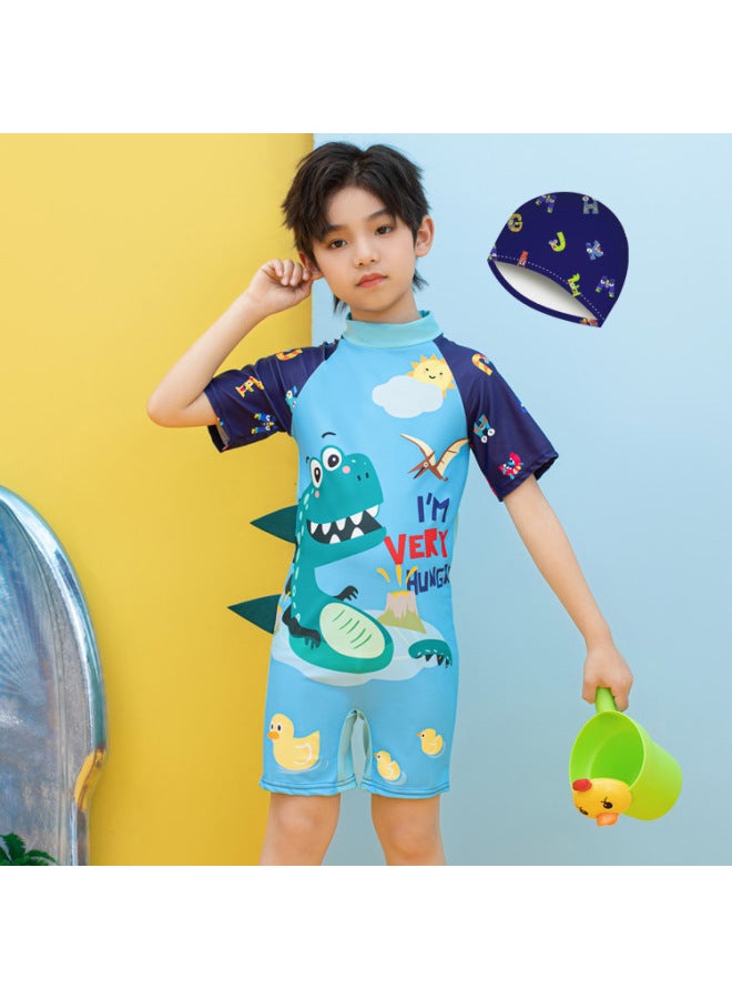 Loquat Children's Swimwear Boys' Boys' Boys' Hot Spring Baby Swimming Trunks Children's Swimwear Baby's Surf Wear Short Sleeve-Color:Spa Dinosaur Cap F1- - Image 1