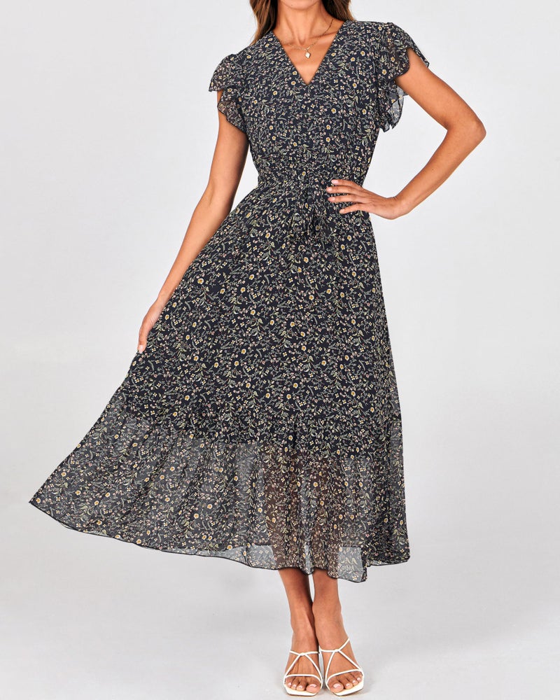 BTFBM Women Summer Bohemian Floral Casual Wrap V Neck Ruffle Cap Sleeveless Belt A-Line Pleated Hem Swing Midi Sun Dress (Floral Black, Small) - Image 2