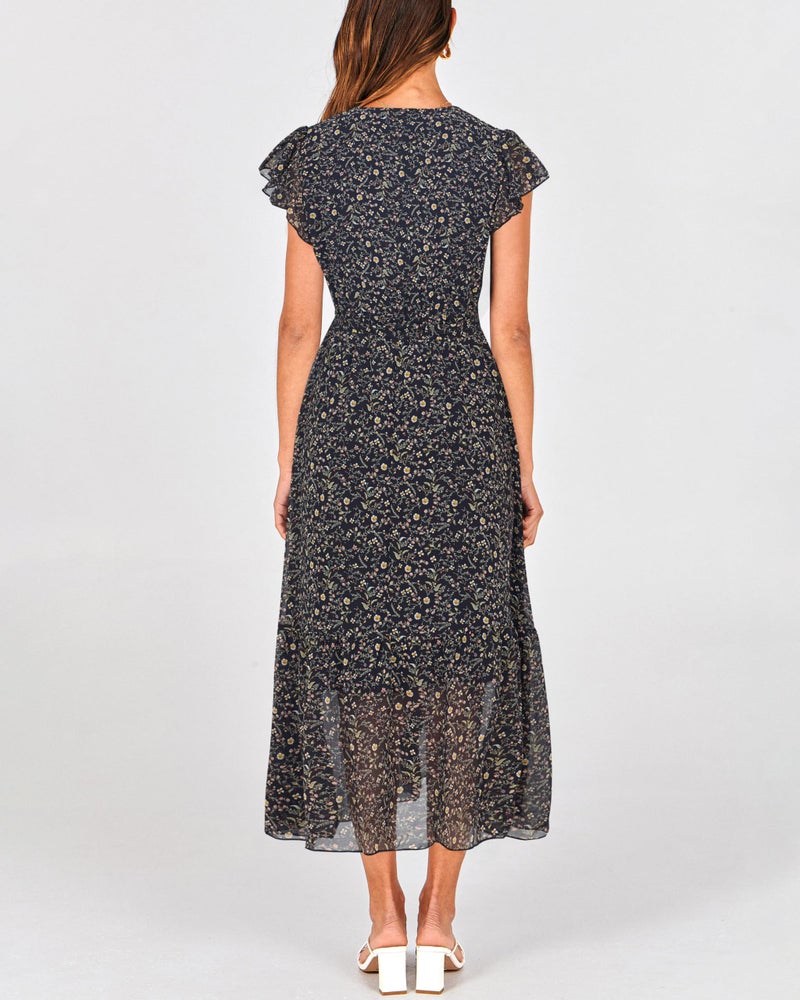 BTFBM Women Summer Bohemian Floral Casual Wrap V Neck Ruffle Cap Sleeveless Belt A-Line Pleated Hem Swing Midi Sun Dress (Floral Black, Small) - Image 5