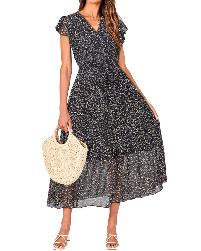 BTFBM Women Summer Bohemian Floral Casual Wrap V Neck Ruffle Cap Sleeveless Belt A-Line Pleated Hem Swing Midi Sun Dress (Floral Black, Small) - Image 1