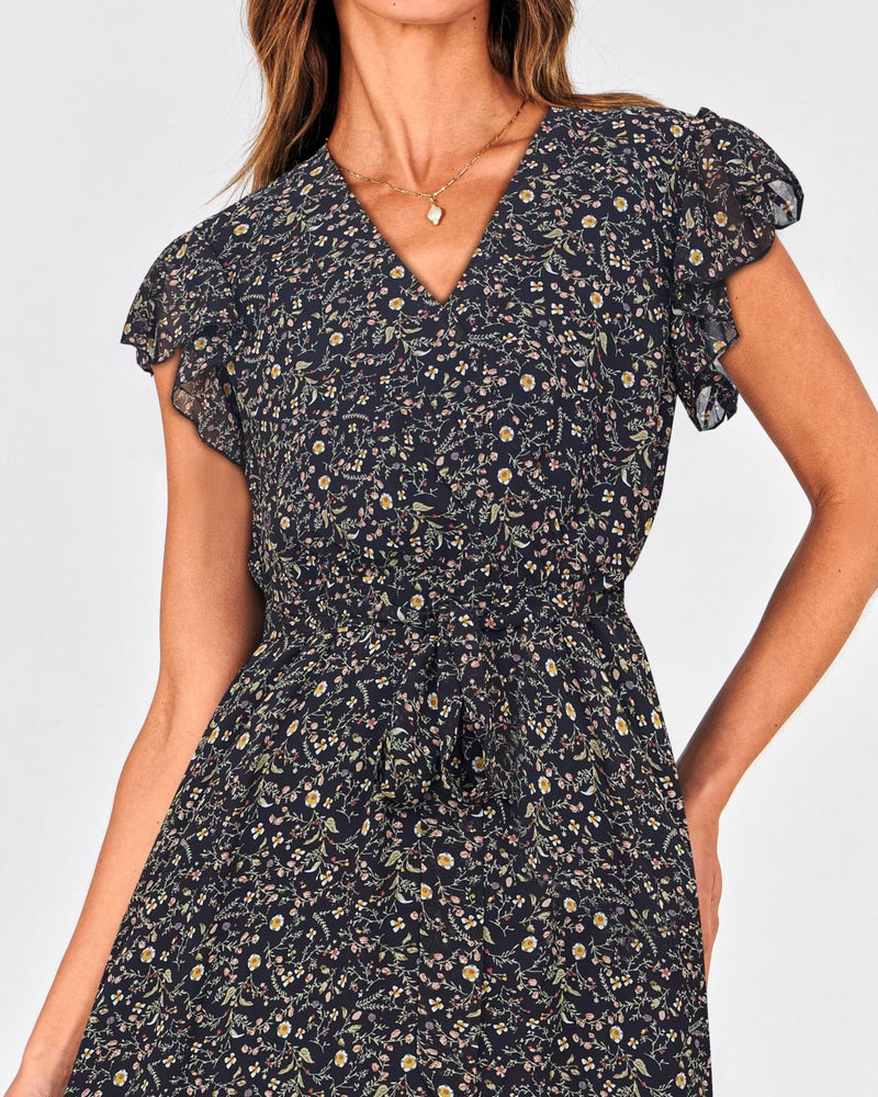 BTFBM Women Summer Bohemian Floral Casual Wrap V Neck Ruffle Cap Sleeveless Belt A-Line Pleated Hem Swing Midi Sun Dress (Floral Black, Small) - Image 4