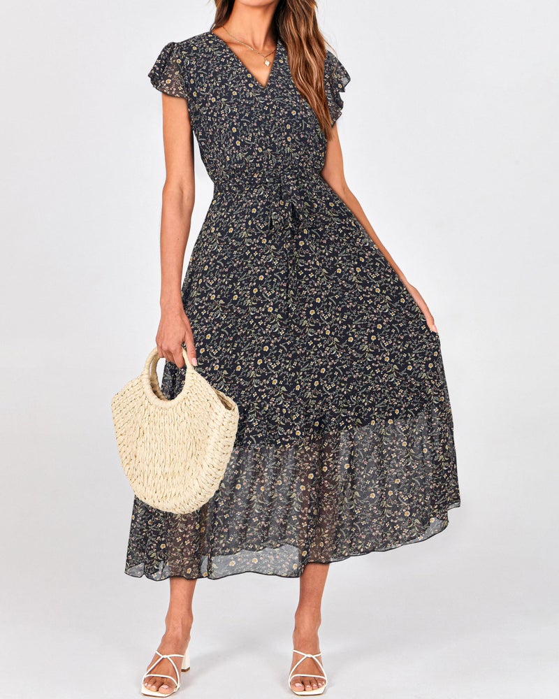 BTFBM Women Summer Bohemian Floral Casual Wrap V Neck Ruffle Cap Sleeveless Belt A-Line Pleated Hem Swing Midi Sun Dress (Floral Black, Small) - Image 3