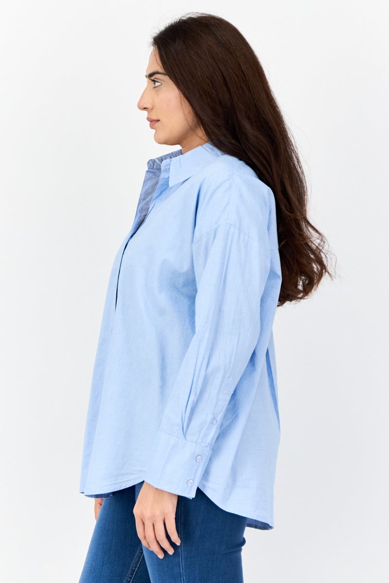 bebe Women Regular Fit Plain Long Sleeves Casual Shirt, Light Blue - Image 4