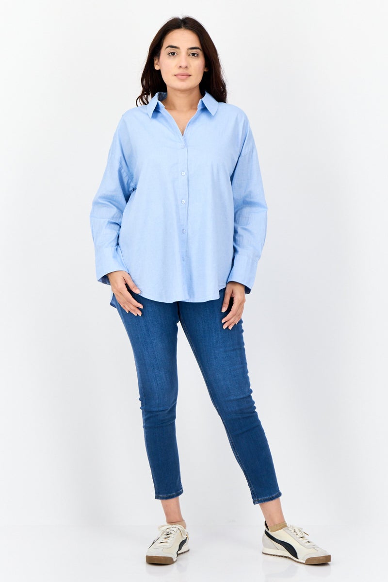 bebe Women Regular Fit Plain Long Sleeves Casual Shirt, Light Blue - Image 2