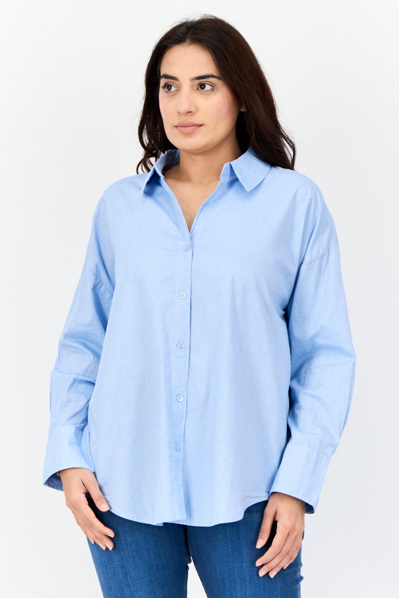 bebe Women Regular Fit Plain Long Sleeves Casual Shirt, Light Blue - Image 1