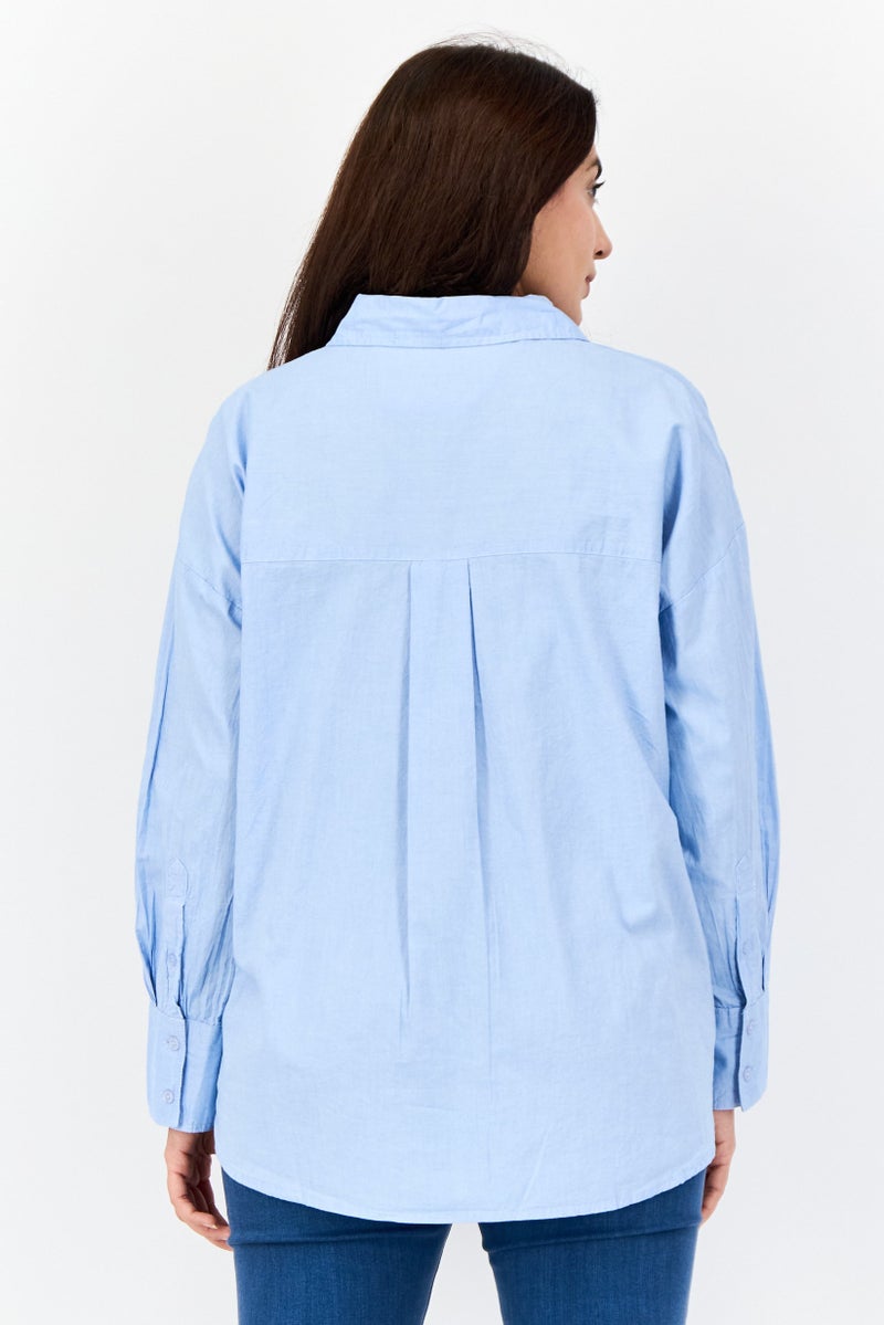 bebe Women Regular Fit Plain Long Sleeves Casual Shirt, Light Blue - Image 3