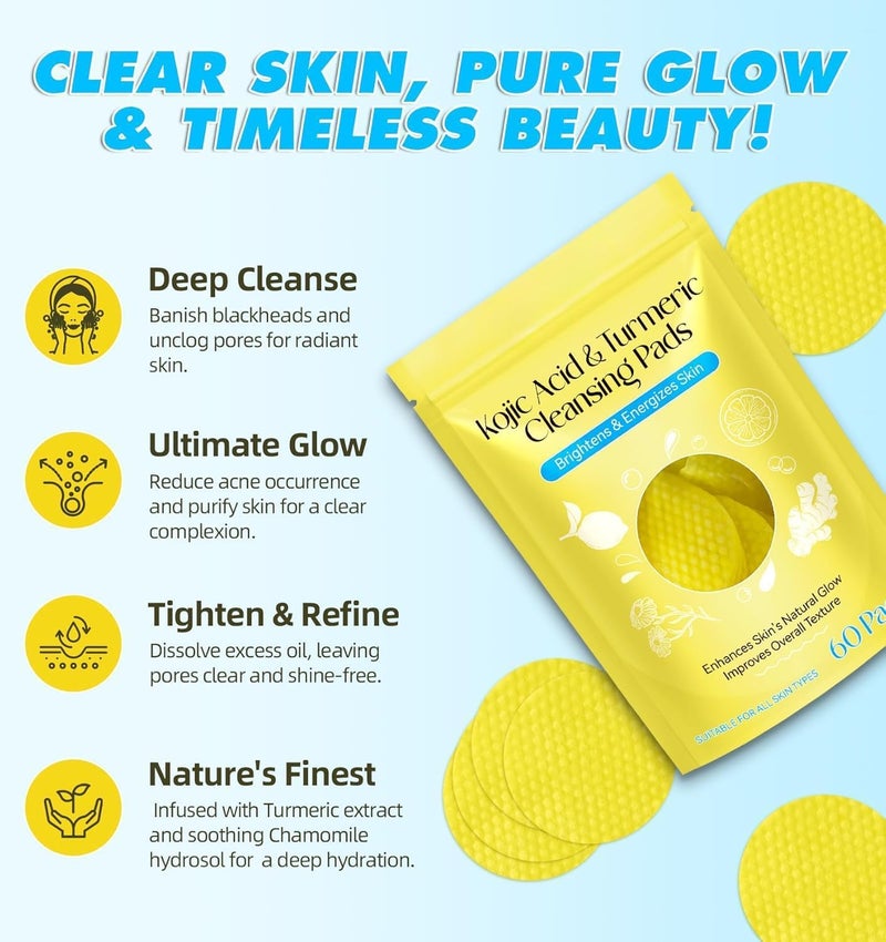 Dingger Kojic Acid and Turmeric Cleansing Pads for Dark Spots, Skin Brightening & Acne Prevention, with Vitamin B5, Vitamin C, Turmeric Infused Foaming Exfoliating Pads, for Face for All Skin - Image 5