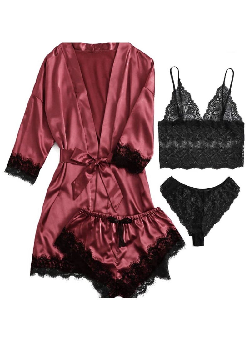 Luxury 4-Piece Women's Satin & Lace Pajama Set - Burgundy Silky Robe with Black Lace Trim, Lace Bralette, Lace Panty & Matching Shorts, Sexy Bridal Lingerie Sleepwear for Honeymoon, Romantic Nights - Image 1