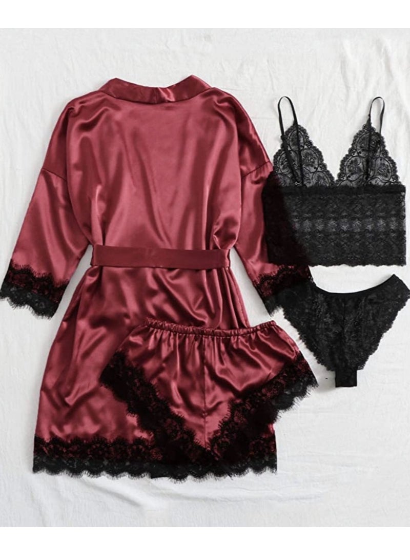 Luxury 4-Piece Women's Satin & Lace Pajama Set - Burgundy Silky Robe with Black Lace Trim, Lace Bralette, Lace Panty & Matching Shorts, Sexy Bridal Lingerie Sleepwear for Honeymoon, Romantic Nights - Image 2