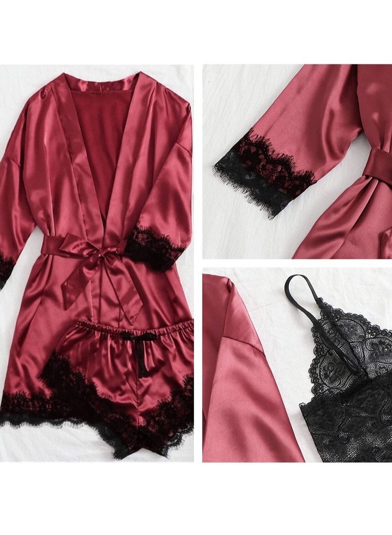 Luxury 4-Piece Women's Satin & Lace Pajama Set - Burgundy Silky Robe with Black Lace Trim, Lace Bralette, Lace Panty & Matching Shorts, Sexy Bridal Lingerie Sleepwear for Honeymoon, Romantic Nights - Image 3