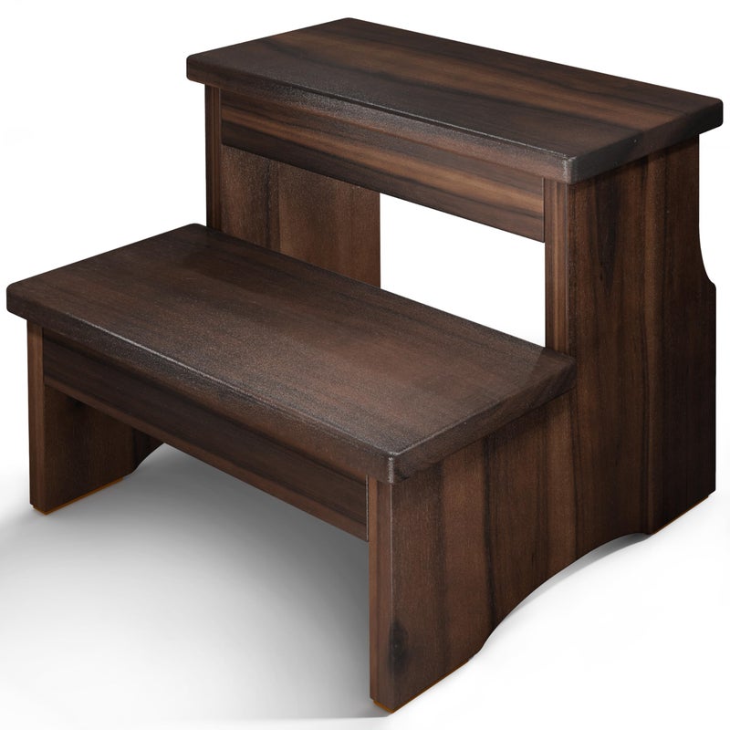 FANATU Wooden Two Step Stool Heavy Duty 2Step Ladder for Adults  Kids Supports up to 450lbs for Kitchen Bathroom or Bedside Use Walnut Finish