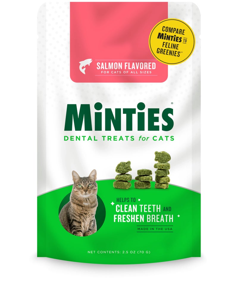 Minties Dental Treats for Cats, Salmon Flavored Treats for Cats, Freshens Breath and Controls Tartar, 2.5oz - Image 1