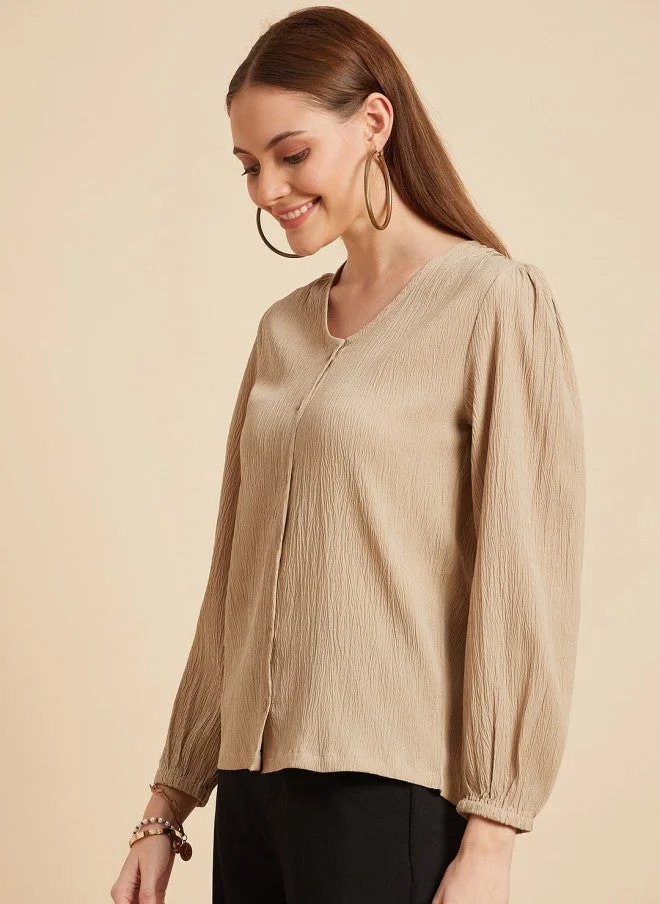 MINT STREET Beige Self Design Shirt Style Top for Women