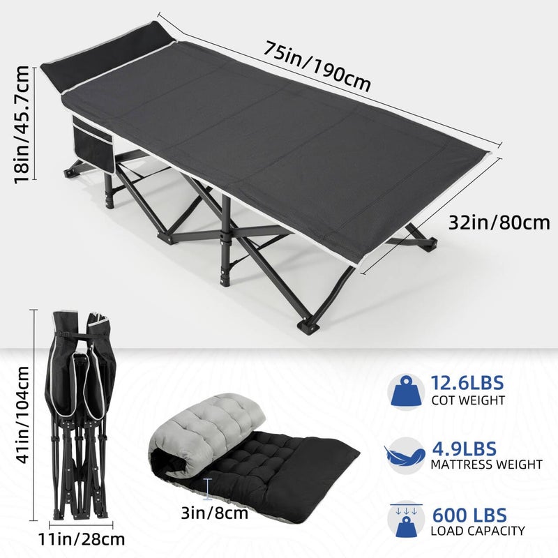 HABUTWAY Camping Cot with Mattress, 32" Extra Wide Camping Cots for Adults, Sleeping Cot for Adults Holds Up to 600LBS, Cots for Sleeping, Camp, Rv, Beach, Patio, Office Naps(Black) - Image 4