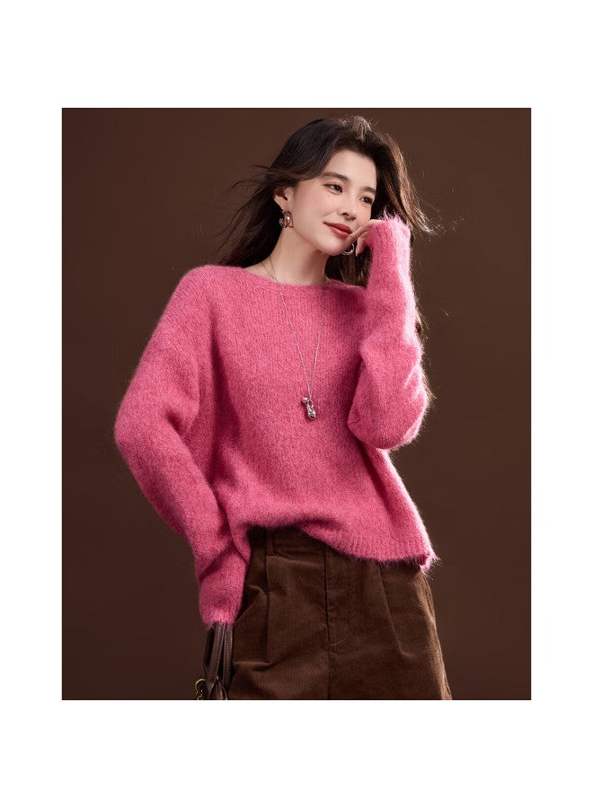 dme Demana Luxury Alpaca Wool Blend Winter Lazy Style Long Hair Crew Neck Soft Elegant Knit Sweater For Women - Image 2