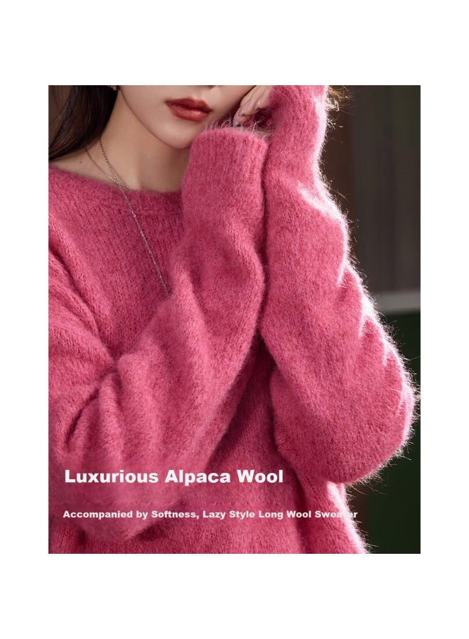 dme Demana Luxury Alpaca Wool Blend Winter Lazy Style Long Hair Crew Neck Soft Elegant Knit Sweater For Women - Image 1