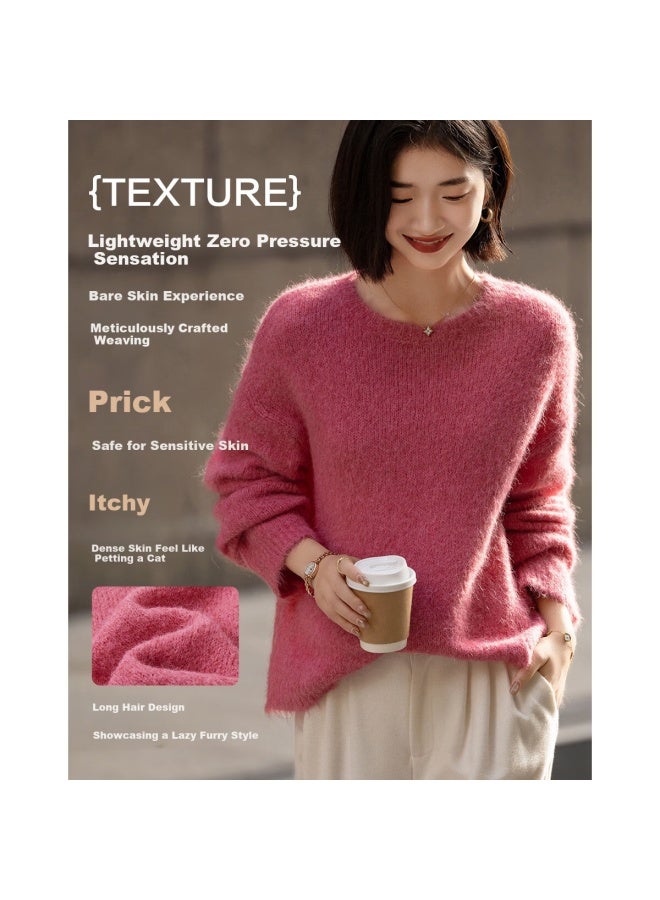 dme Demana Luxury Alpaca Wool Blend Winter Lazy Style Long Hair Crew Neck Soft Elegant Knit Sweater For Women - Image 3