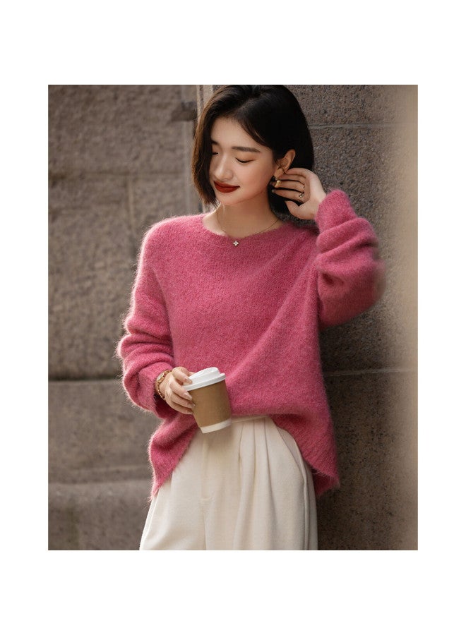 dme Demana Luxury Alpaca Wool Blend Winter Lazy Style Long Hair Crew Neck Soft Elegant Knit Sweater For Women - Image 4