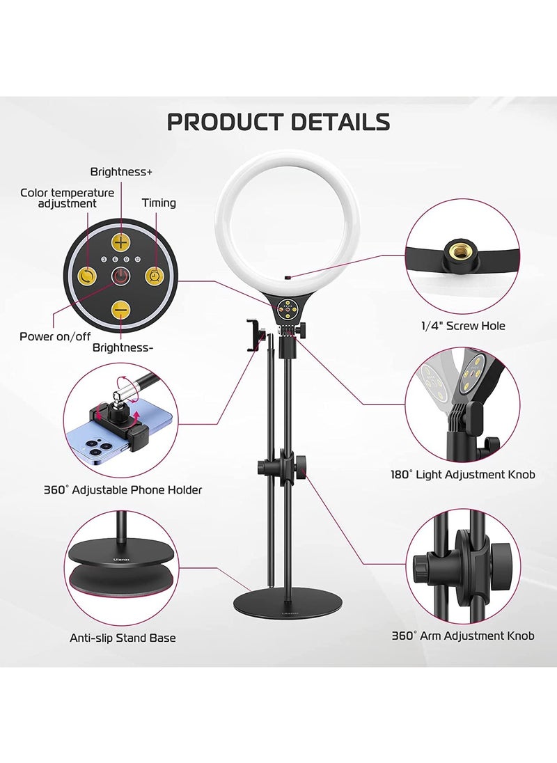 Ulanzi - [Upgraded Base] Ring Light Desk with Horizontal Boom Arm, 10" Ring Light with Phone Tripod Stand, 3500k-6500K Dimmable, Ring Light with Phone Holder for Video Recording, Live Stream, Portrait, Makeup - Image 1