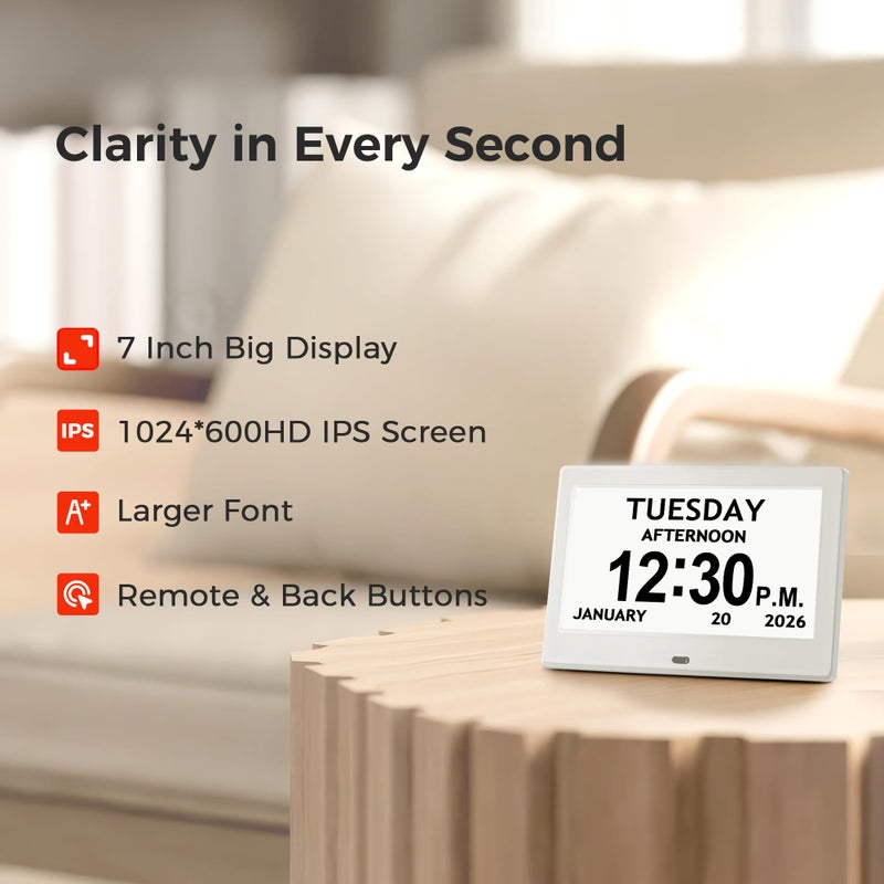Pastigio 7'' Digital Clock, Dementia Clock With Date And Time, 10 Reminders, 6 Alarms, Auto-Dimming, Auto DST, Remote Control, Large Display Alarm Clock For Seniors, Gifts For People With Dementia, White - Image 2
