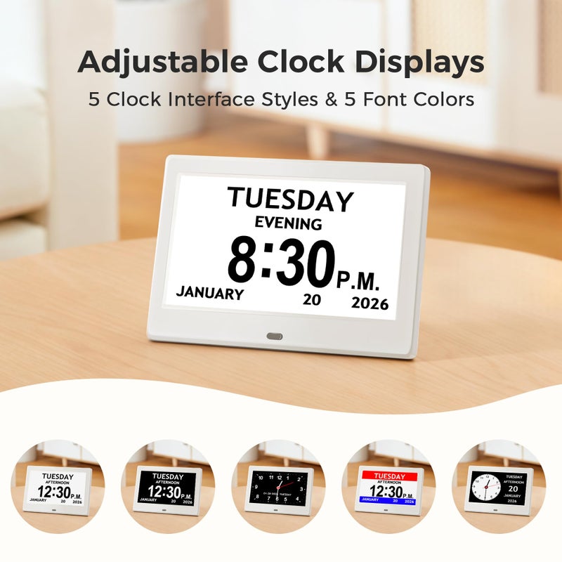 Pastigio 7'' Digital Clock, Dementia Clock With Date And Time, 10 Reminders, 6 Alarms, Auto-Dimming, Auto DST, Remote Control, Large Display Alarm Clock For Seniors, Gifts For People With Dementia, White - Image 5