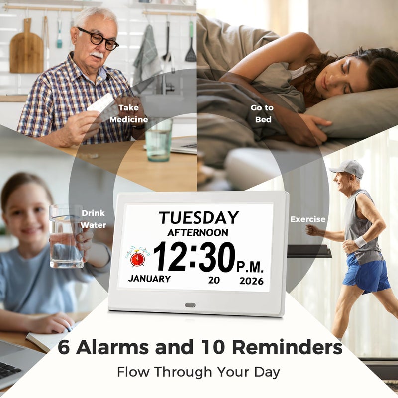 Pastigio 7'' Digital Clock, Dementia Clock With Date And Time, 10 Reminders, 6 Alarms, Auto-Dimming, Auto DST, Remote Control, Large Display Alarm Clock For Seniors, Gifts For People With Dementia, White - Image 3