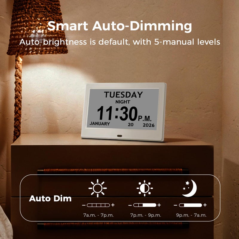 Pastigio 7'' Digital Clock, Dementia Clock With Date And Time, 10 Reminders, 6 Alarms, Auto-Dimming, Auto DST, Remote Control, Large Display Alarm Clock For Seniors, Gifts For People With Dementia, White - Image 4