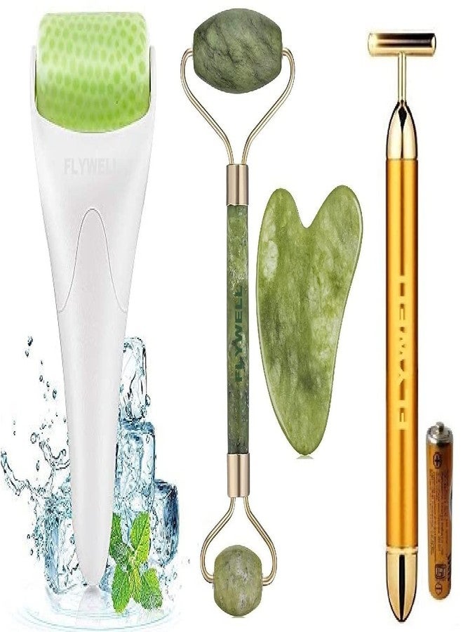 FLYWELL Jade Roller,100% Natural Facial,Gua Sha With Ice Roller For Cold Face Massage With T-Shaped Energy Beauty Bar Facial Massage - Image 1