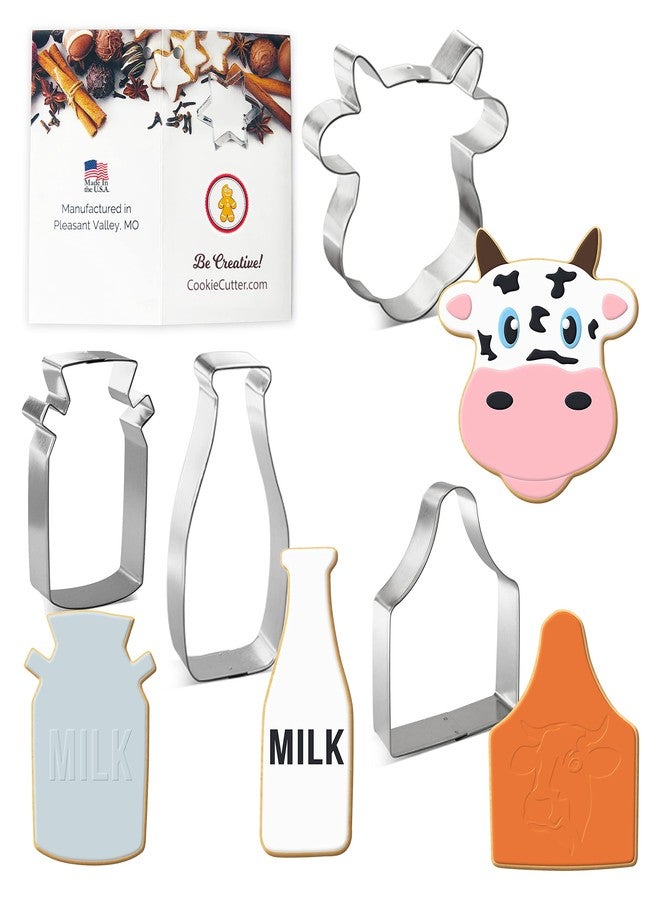 Foose Dairy Farm Cow Cookie Cutter 4 Pc Set - Cow Face, Milk Bottle, Ear Tag, Milk Jug Cookie Cutters and Cookie Recipe Card Hand Made in the USA from Tin Plated Steel - Image 1