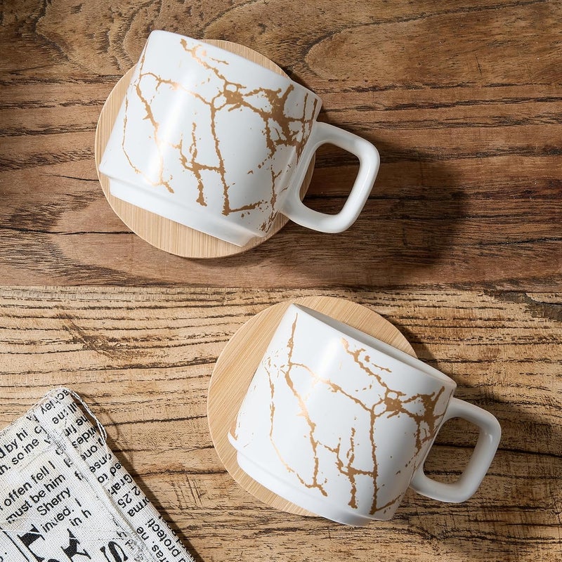 LUKA Porcelain Espresso Cup with Saucer and Metal Stand, 4 Ounce Stackable Ceramic Demitasse Espresso Mugs Cups Set for Latte,Coffee,Cafe Mocha,Tea(Set of 4),Marbling White - Image 5