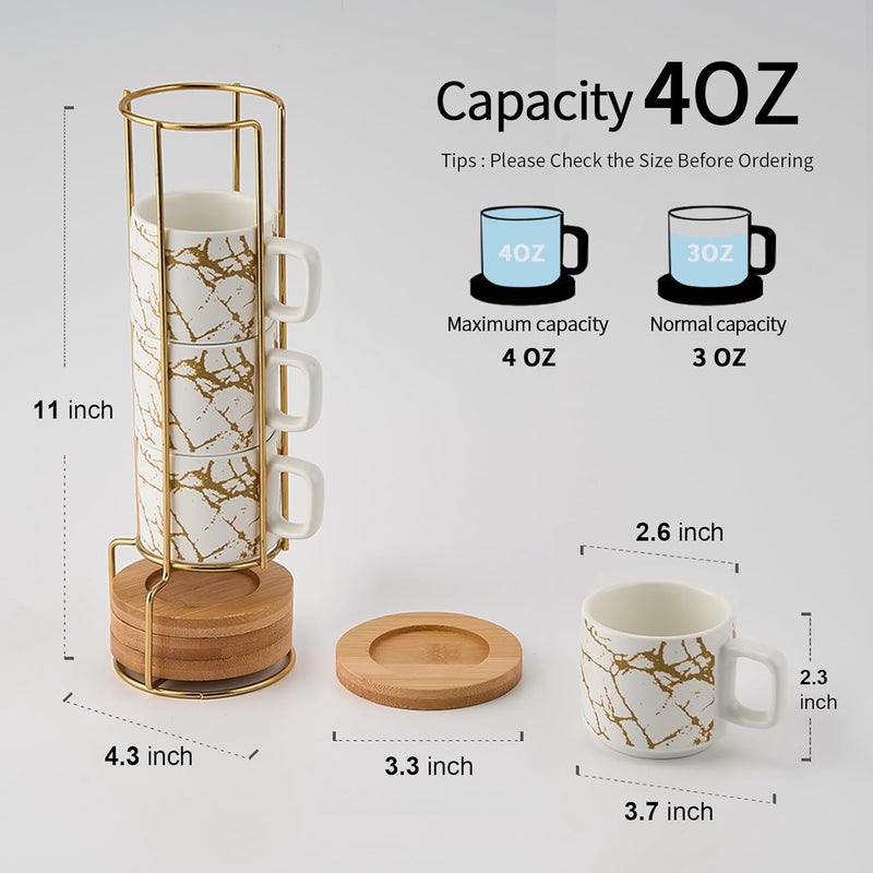 LUKA Porcelain Espresso Cup with Saucer and Metal Stand, 4 Ounce Stackable Ceramic Demitasse Espresso Mugs Cups Set for Latte,Coffee,Cafe Mocha,Tea(Set of 4),Marbling White - Image 2