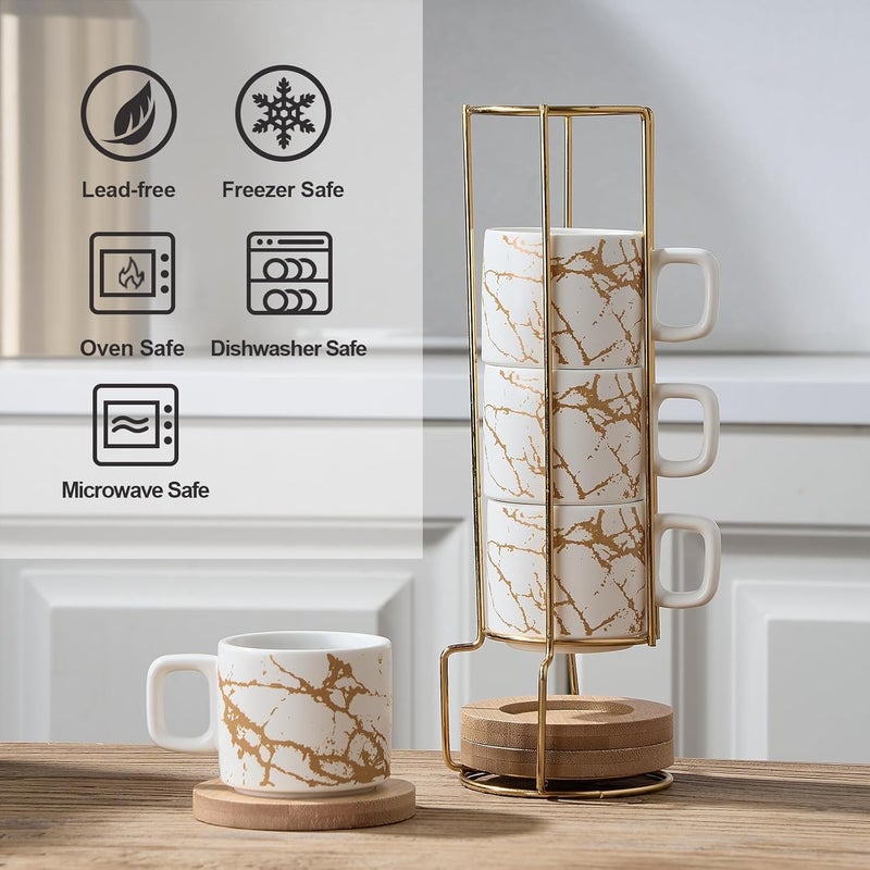 LUKA Porcelain Espresso Cup with Saucer and Metal Stand, 4 Ounce Stackable Ceramic Demitasse Espresso Mugs Cups Set for Latte,Coffee,Cafe Mocha,Tea(Set of 4),Marbling White - Image 4