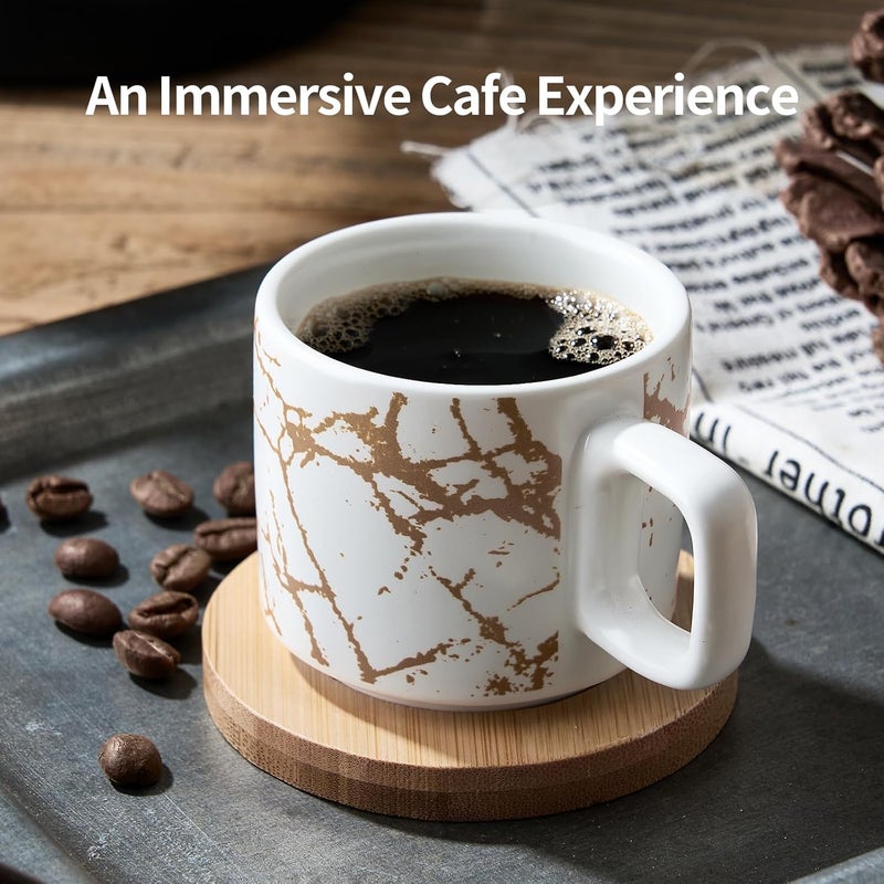 LUKA Porcelain Espresso Cup with Saucer and Metal Stand, 4 Ounce Stackable Ceramic Demitasse Espresso Mugs Cups Set for Latte,Coffee,Cafe Mocha,Tea(Set of 4),Marbling White - Image 3