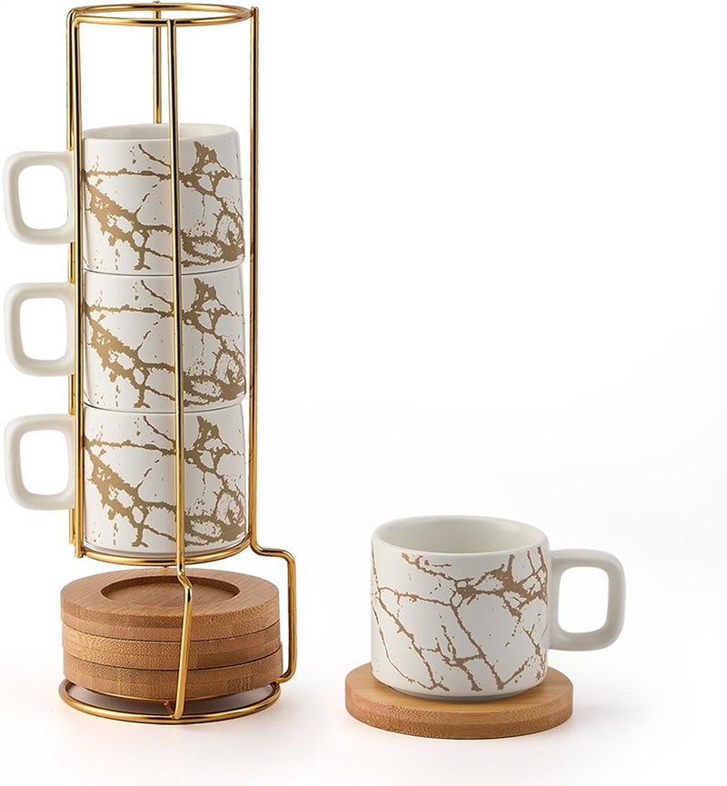 LUKA Porcelain Espresso Cup with Saucer and Metal Stand, 4 Ounce Stackable Ceramic Demitasse Espresso Mugs Cups Set for Latte,Coffee,Cafe Mocha,Tea(Set of 4),Marbling White - Image 1