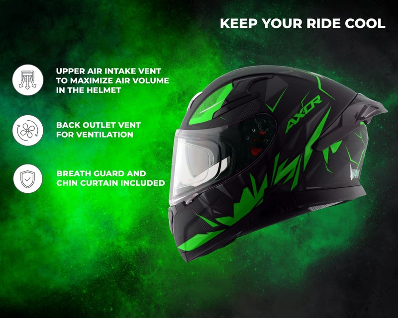 Axor Apex Hunter ISI ECE DOT Certified Full Face Dual Visor Helmet For Men And Women With Pinlock Fitted Outer Clear Visor And Inner Smoke Sun Visor Dull Black Neon Green Helmet-L - Image 3