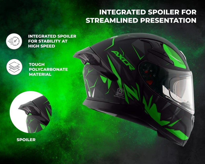 Axor Apex Hunter ISI ECE DOT Certified Full Face Dual Visor Helmet For Men And Women With Pinlock Fitted Outer Clear Visor And Inner Smoke Sun Visor Dull Black Neon Green Helmet-L - Image 5