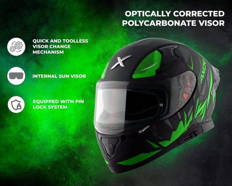 Axor Apex Hunter ISI ECE DOT Certified Full Face Dual Visor Helmet For Men And Women With Pinlock Fitted Outer Clear Visor And Inner Smoke Sun Visor Dull Black Neon Green Helmet-L - Image 2