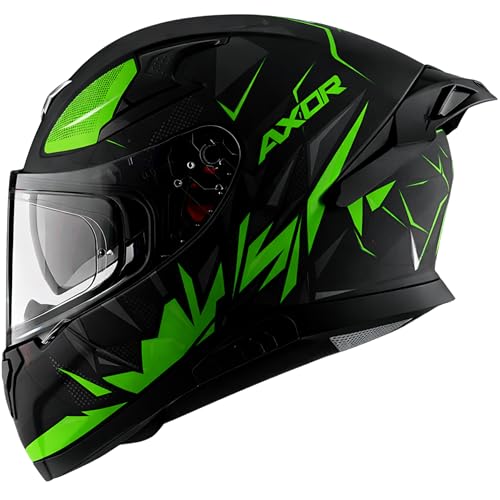 Axor Apex Hunter ISI ECE DOT Certified Full Face Dual Visor Helmet For Men And Women With Pinlock Fitted Outer Clear Visor And Inner Smoke Sun Visor Dull Black Neon Green Helmet-L - Image 1