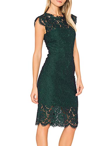 MEROKEETY Women's Sleeveless Lace Floral Elegant Cocktail Dress Crew Neck Knee Length for Party, Dark Green, Small - Image 2