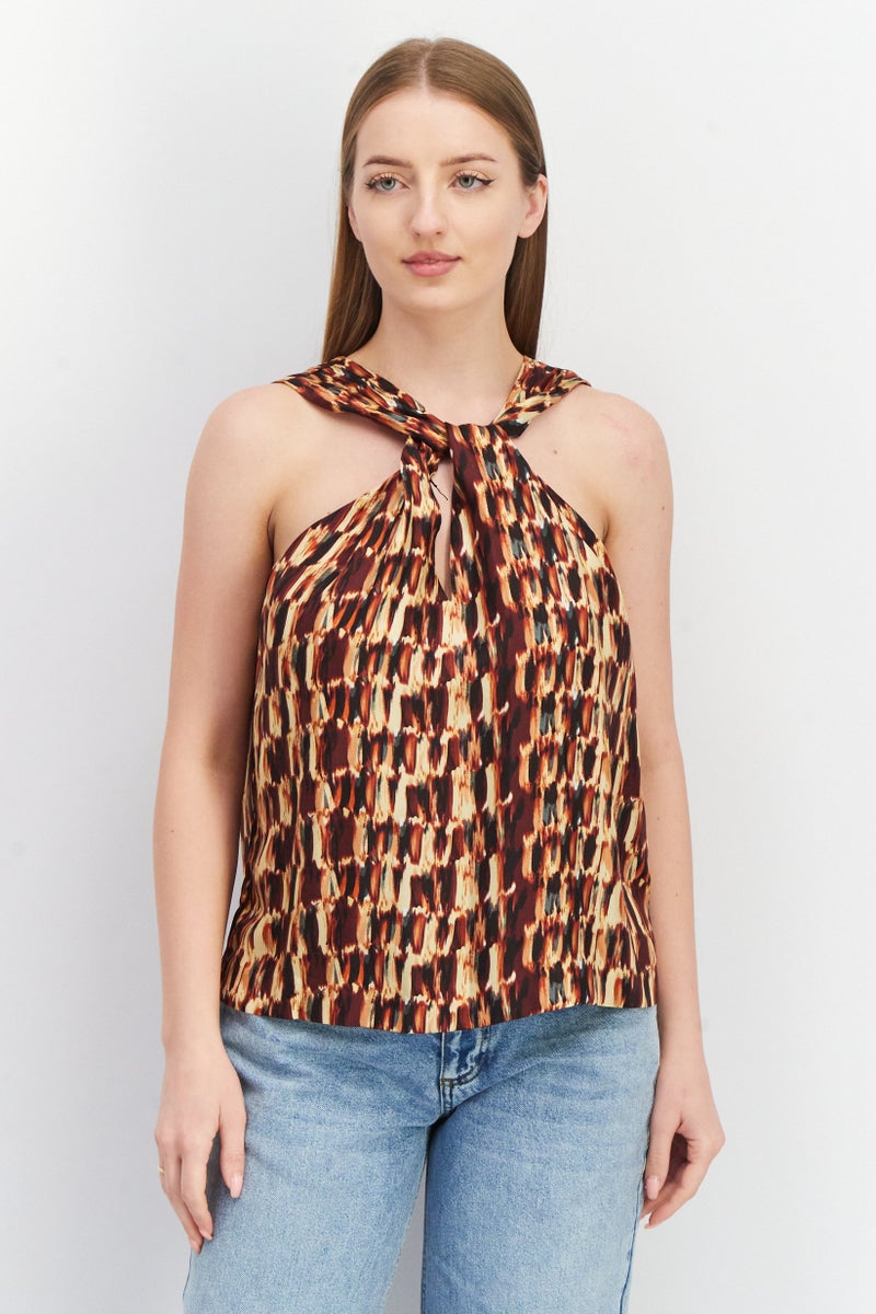 joie Women Crisscross Neck Sleeveless Allover Print Top, Maroon Combo - Image 1