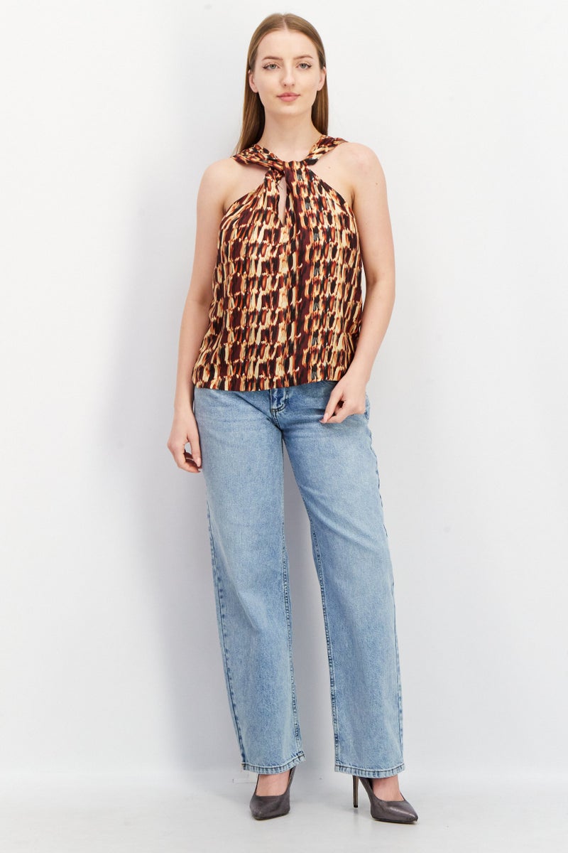 joie Women Crisscross Neck Sleeveless Allover Print Top, Maroon Combo - Image 2